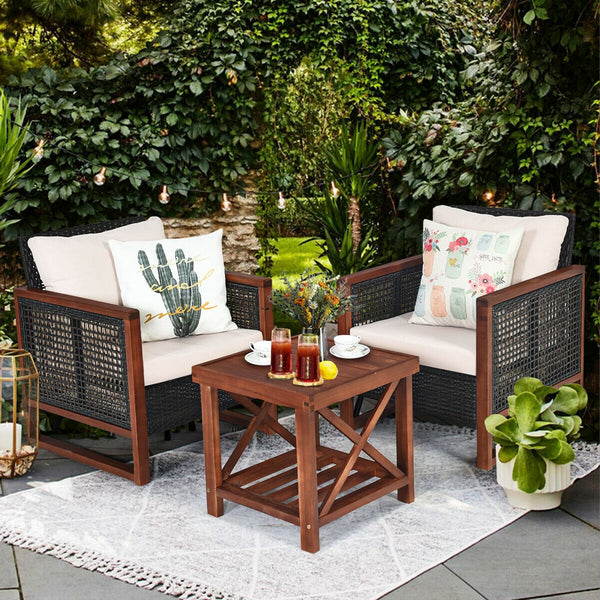 Please avoid rain exposure for longer serving time.<br>Package includes 2 sofas  1 table  2 seat cushions  2 back cushions and instruction<br>Made of all-weather rattan  sturdy and durable<br>Acacia wood frame and unique base provide powerful support<br>A