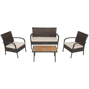 Heavy-duty steel frame ensures sturdiness<br>Wrapped with weather-resistant rattan for long life time<br>Solid acacia wood tabletop provide superior durable<br>Anti-slip footpads prevent floor scratching<br>Ergonomic design of sofa provides ultimate comfo