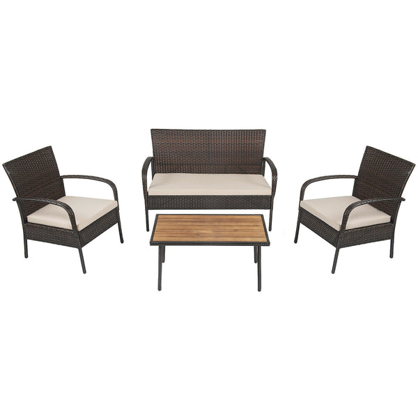 Heavy-duty steel frame ensures sturdiness<br>Wrapped with weather-resistant rattan for long life time<br>Solid acacia wood tabletop provide superior durable<br>Anti-slip footpads prevent floor scratching<br>Ergonomic design of sofa provides ultimate comfo