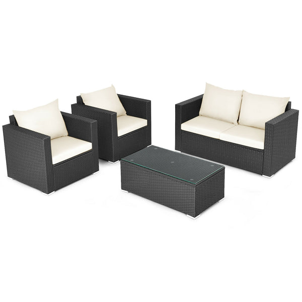 Including 1 x Table  2 x Single sofa  1 x Loveseat  4 x Seat cushion  4 x Back cushion  1 x Instruction<br>Stable steel frame can ensure a high-weight capacity<br>Weather-resistant PE rattan is durable enough for a long lifespan<br>Table and sofas come up