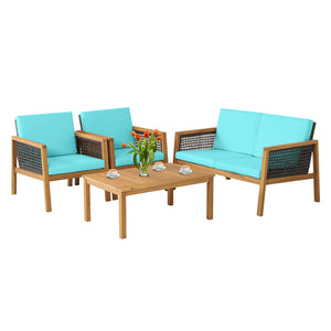 Come with 2 packages  may arrive separately <br>High quality acacia wood for steady performance and rustic touch <br>Withstand weather variations thanks to its all-weather mix of brown PE rattan <br>Bring a soft sitting experience with breathable and thic