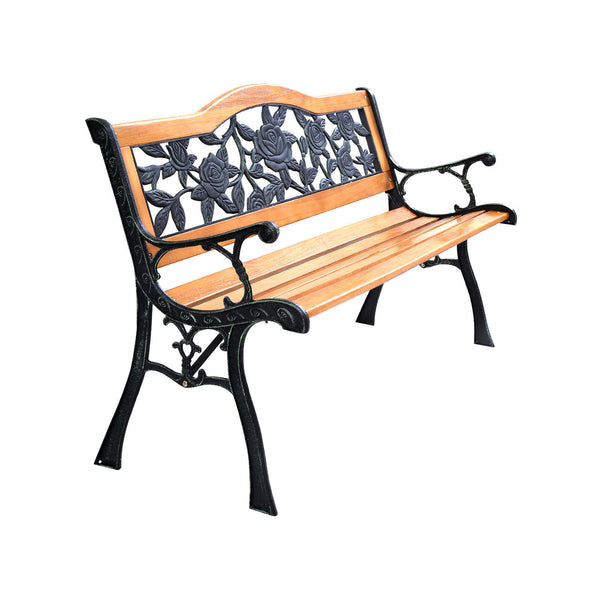 Consist of well-painted iron cast structure  solid wood seat and backrest frame  and PVC backrest pattern Come with a size of 49.5" x 20.5" x 30" and features a strong load-bearing capacity of up to 463 lbs Able to comfortably seat three medium-sized adul
