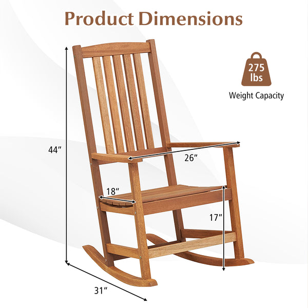 Made of premium hardwood for high stability and durability<br>Smooth and sturdy rocking motion makes you more relaxed<br>Reinforced crossbar adds to higher sturdiness<br>Curved seat with high backrest brings you more coziness<br>Suitable for balcony  porc