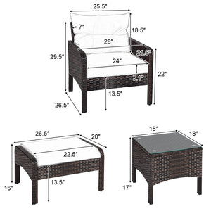 Includes 2 single chairs  2 ottomans and a side table<br>Heavy-duty metal frame with great sturdiness<br>All-weather PE rattan durable for outdoor use<br>Long-lasting tempered glass table smooth for wiping<br>3" thick cushions for excellent softness<br>Re