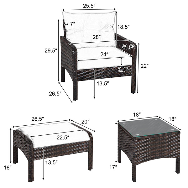 Includes 2 single chairs  2 ottomans and a side table<br>Heavy-duty metal frame with great sturdiness<br>All-weather PE rattan durable for outdoor use<br>Long-lasting tempered glass table smooth for wiping<br>3" thick cushions for excellent softness<br>Re