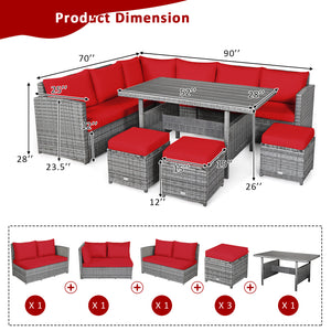 Packages include 3 loveseats  3 ottomans  1 table  6 seat cushions  7 back cushions  and instruction<br>Packages come in 4 boxes<br>Powder-coated steel structure provides strong durability and stability<br>All-weather and wear-resistant rattan ensures lon