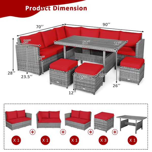 Packages include 3 loveseats  3 ottomans  1 table  6 seat cushions  7 back cushions  and instruction<br>Packages come in 4 boxes<br>Powder-coated steel structure provides strong durability and stability<br>All-weather and wear-resistant rattan ensures lon