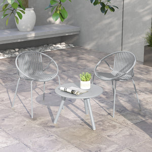 Includes a stylish round coffee table and 2 chairs for flexible arrangement<br>High-quality PP materials is wear-resistant and non-fading<br>Wear-resistant material is suitable for long periods of use<br>The surface is waterproof and easy to clean<br>Slat