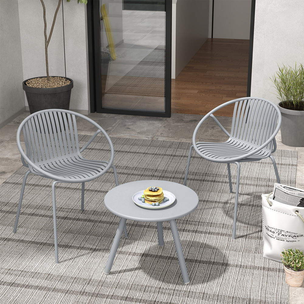 Includes a stylish round coffee table and 2 chairs for flexible arrangement<br>High-quality PP materials is wear-resistant and non-fading<br>Wear-resistant material is suitable for long periods of use<br>The surface is waterproof and easy to clean<br>Slat