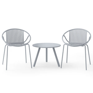 Includes a stylish round coffee table and 2 chairs for flexible arrangement<br>High-quality PP materials is wear-resistant and non-fading<br>Wear-resistant material is suitable for long periods of use<br>The surface is waterproof and easy to clean<br>Slat