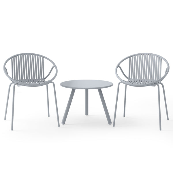 Includes a stylish round coffee table and 2 chairs for flexible arrangement<br>High-quality PP materials is wear-resistant and non-fading<br>Wear-resistant material is suitable for long periods of use<br>The surface is waterproof and easy to clean<br>Slat