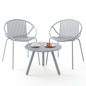Includes a stylish round coffee table and 2 chairs for flexible arrangement<br>High-quality PP materials is wear-resistant and non-fading<br>Wear-resistant material is suitable for long periods of use<br>The surface is waterproof and easy to clean<br>Slat