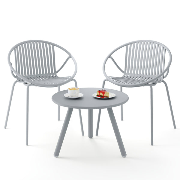 Includes a stylish round coffee table and 2 chairs for flexible arrangement<br>High-quality PP materials is wear-resistant and non-fading<br>Wear-resistant material is suitable for long periods of use<br>The surface is waterproof and easy to clean<br>Slat