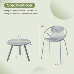 Includes a stylish round coffee table and 2 chairs for flexible arrangement<br>High-quality PP materials is wear-resistant and non-fading<br>Wear-resistant material is suitable for long periods of use<br>The surface is waterproof and easy to clean<br>Slat