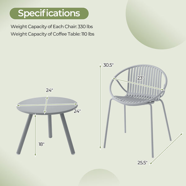 Includes a stylish round coffee table and 2 chairs for flexible arrangement<br>High-quality PP materials is wear-resistant and non-fading<br>Wear-resistant material is suitable for long periods of use<br>The surface is waterproof and easy to clean<br>Slat