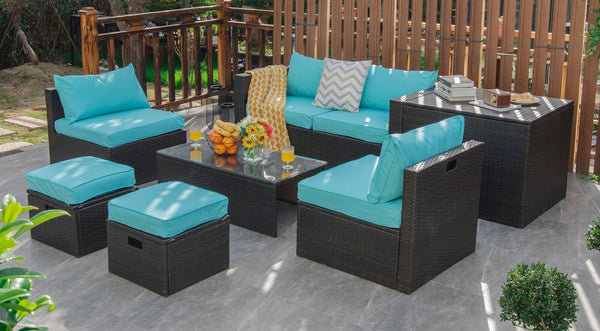 8-piece seat for more creative combinations Fetch different belongings with ease because of the practical coffee table Sturdier and safer to use with high quality tempered glass tabletop Soft and thick cushions for ultimate coziness Hold the ottomans' cus