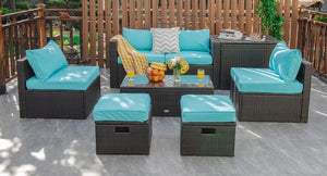 8-piece seat for more creative combinations Fetch different belongings with ease because of the practical coffee table Sturdier and safer to use with high quality tempered glass tabletop Soft and thick cushions for ultimate coziness Hold the ottomans' cus