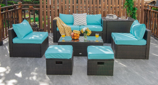8-piece seat for more creative combinations Fetch different belongings with ease because of the practical coffee table Sturdier and safer to use with high quality tempered glass tabletop Soft and thick cushions for ultimate coziness Hold the ottomans' cus