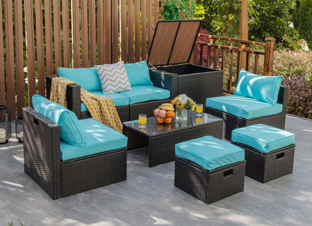 8-piece seat for more creative combinations Fetch different belongings with ease because of the practical coffee table Sturdier and safer to use with high quality tempered glass tabletop Soft and thick cushions for ultimate coziness Hold the ottomans' cus