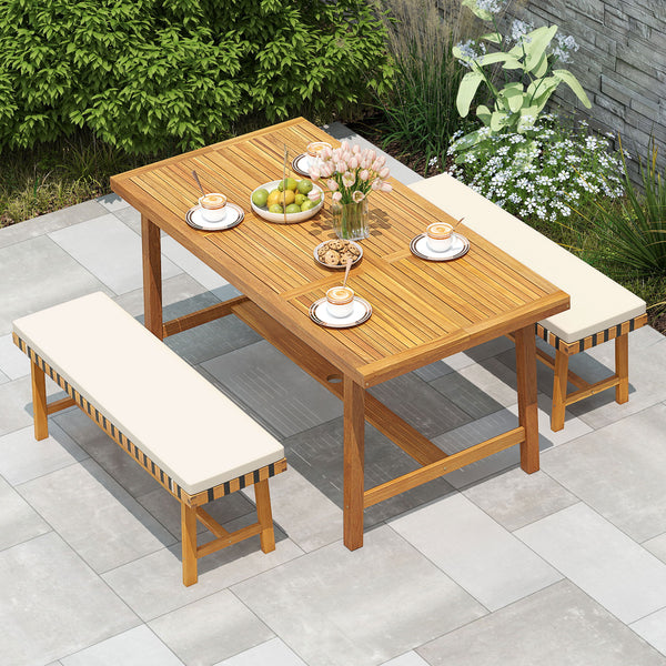 Please avoid leaving it outdoors in the rain to extend its lifespan<br>Includes a rectangular table and 2 benches  elevate your outdoor gatherings<br>Crafted of solid acacia wood  warp-resistant  sturdy and reliable  built to last<br>With delicate craftsm