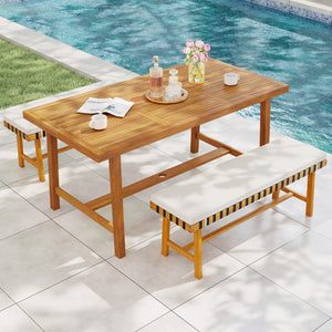 Please avoid leaving it outdoors in the rain to extend its lifespan<br>Includes a rectangular table and 2 benches  elevate your outdoor gatherings<br>Crafted of solid acacia wood  warp-resistant  sturdy and reliable  built to last<br>With delicate craftsm