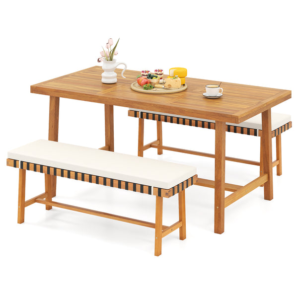 Please avoid leaving it outdoors in the rain to extend its lifespan<br>Includes a rectangular table and 2 benches  elevate your outdoor gatherings<br>Crafted of solid acacia wood  warp-resistant  sturdy and reliable  built to last<br>With delicate craftsm
