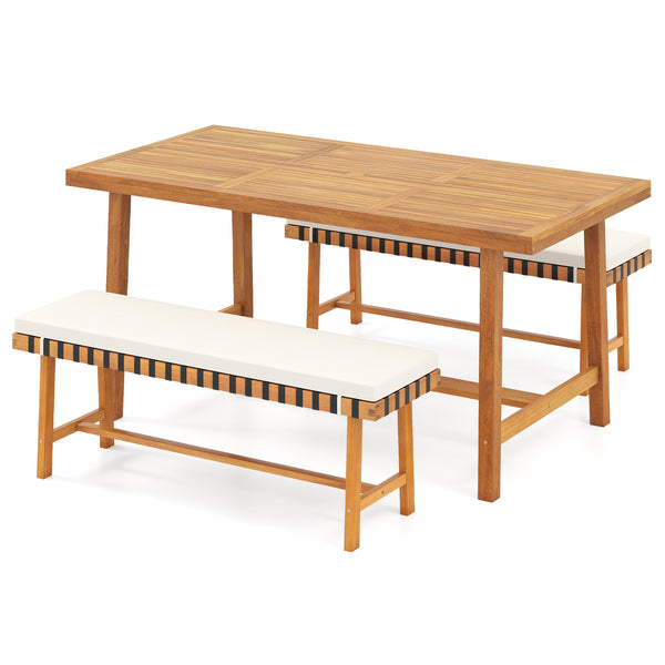 Please avoid leaving it outdoors in the rain to extend its lifespan<br>Includes a rectangular table and 2 benches  elevate your outdoor gatherings<br>Crafted of solid acacia wood  warp-resistant  sturdy and reliable  built to last<br>With delicate craftsm