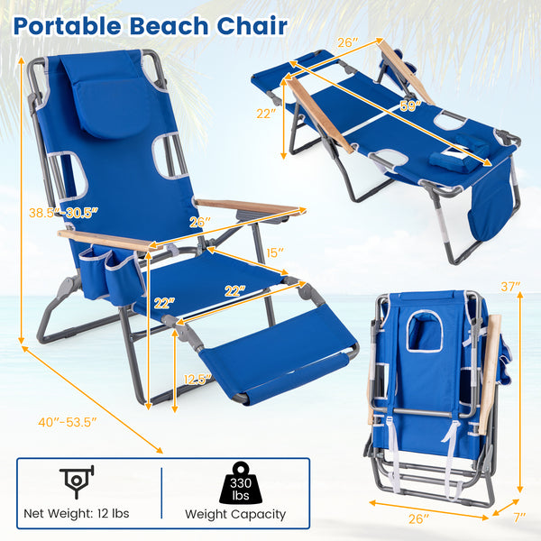 3-in-1 design: suitable for full flat sunbathing  lounging  or sitting<br>The face and arm holes allow for reading books or playing mobile while sunbathing<br>Comes with a detachable pillow  a footrest  and wood armrests for enhanced comfort<br>Equipped w