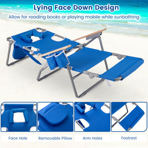 3-in-1 design: suitable for full flat sunbathing  lounging  or sitting<br>The face and arm holes allow for reading books or playing mobile while sunbathing<br>Comes with a detachable pillow  a footrest  and wood armrests for enhanced comfort<br>Equipped w
