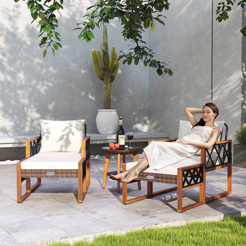 Â Sun-protective and hand-woven PE rattan for durability and elegance<br>Â The solid acacia wood frame provides reliable support because it is sturdy<br>Â Sturdy metal supports ensure stability for long-lasting use<br>Â Ottomans serve as footrests or extr