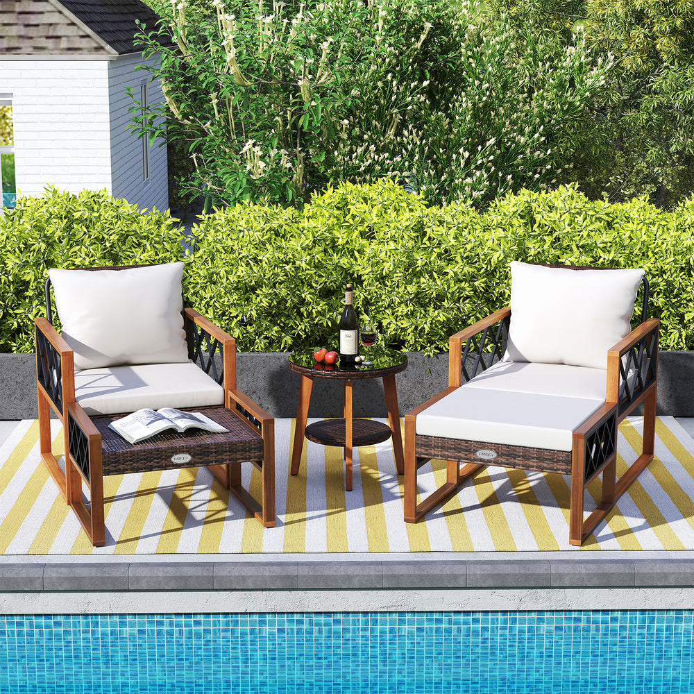 Â Sun-protective and hand-woven PE rattan for durability and elegance<br>Â The solid acacia wood frame provides reliable support because it is sturdy<br>Â Sturdy metal supports ensure stability for long-lasting use<br>Â Ottomans serve as footrests or extr