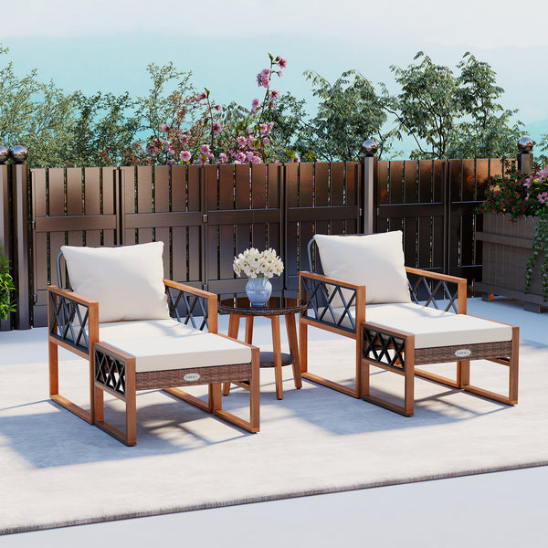Â Sun-protective and hand-woven PE rattan for durability and elegance<br>Â The solid acacia wood frame provides reliable support because it is sturdy<br>Â Sturdy metal supports ensure stability for long-lasting use<br>Â Ottomans serve as footrests or extr