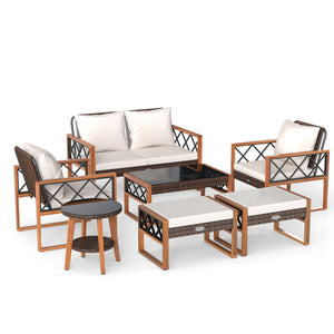 Â Ensure long-lasting use and elegant look with sun-protective PE rattan<br>Â Solid acacia wood and sturdy metal for stable and reliable support<br>Â Comfortable ottomans provide extra seats or footrests as needed Â <br>Â Because of the 105Â° angle  sitti