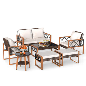 Â Ensure long-lasting use and elegant look with sun-protective PE rattan<br>Â Solid acacia wood and sturdy metal for stable and reliable support<br>Â Comfortable ottomans provide extra seats or footrests as needed Â <br>Â Because of the 105Â° angle  sitti
