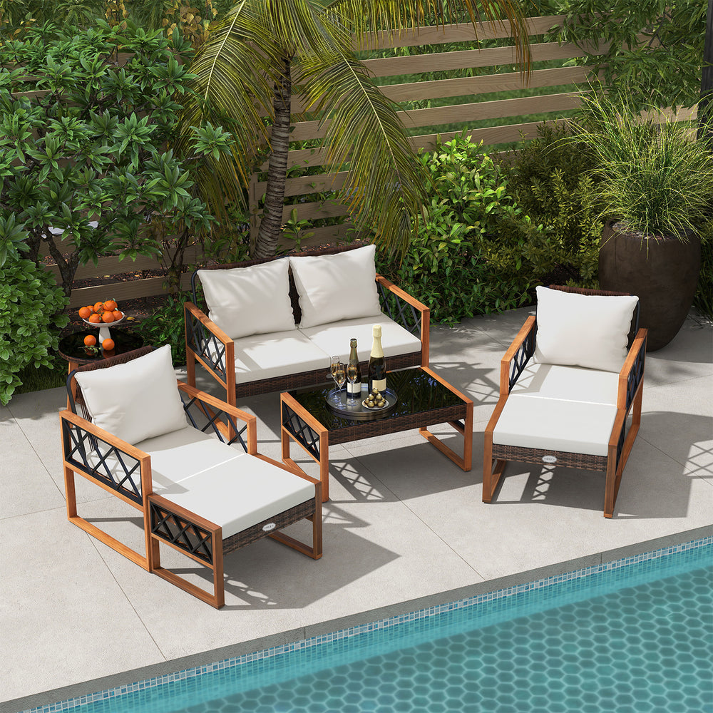 Â Ensure long-lasting use and elegant look with sun-protective PE rattan<br>Â Solid acacia wood and sturdy metal for stable and reliable support<br>Â Comfortable ottomans provide extra seats or footrests as needed Â <br>Â Because of the 105Â° angle  sitti