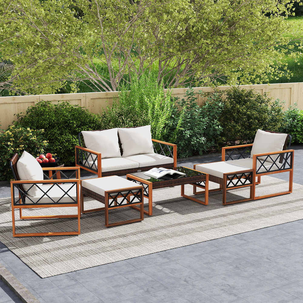 Â Ensure long-lasting use and elegant look with sun-protective PE rattan<br>Â Solid acacia wood and sturdy metal for stable and reliable support<br>Â Comfortable ottomans provide extra seats or footrests as needed Â <br>Â Because of the 105Â° angle  sitti