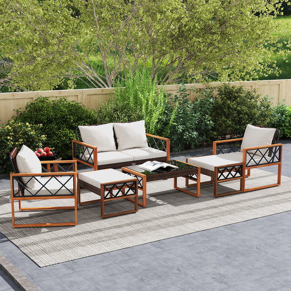 Â Ensure long-lasting use and elegant look with sun-protective PE rattan<br>Â Solid acacia wood and sturdy metal for stable and reliable support<br>Â Comfortable ottomans provide extra seats or footrests as needed Â <br>Â Because of the 105Â° angle  sitti