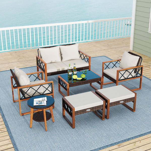 Â Ensure long-lasting use and elegant look with sun-protective PE rattan<br>Â Solid acacia wood and sturdy metal for stable and reliable support<br>Â Comfortable ottomans provide extra seats or footrests as needed Â <br>Â Because of the 105Â° angle  sitti
