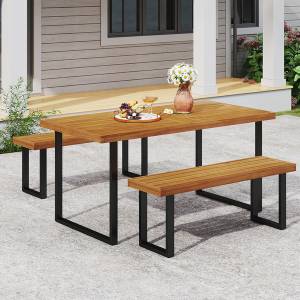 63â€ table and 2 long bench can comfortably accommodate 4 people<br>Acacia wood frame is solid and not easy to deform<br>Versatile bench can also serve as a shoe bench or plant stand<br>2" thickened wood board ensures the bench to hold up to 800 lbs<br>U