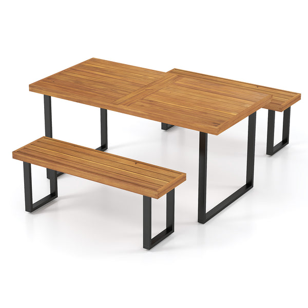 63â€ table and 2 long bench can comfortably accommodate 4 people<br>Acacia wood frame is solid and not easy to deform<br>Versatile bench can also serve as a shoe bench or plant stand<br>2" thickened wood board ensures the bench to hold up to 800 lbs<br>U