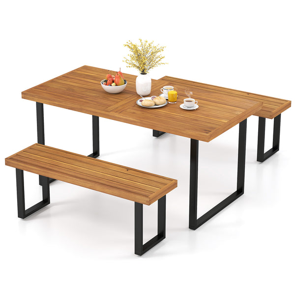 63â€ table and 2 long bench can comfortably accommodate 4 people<br>Acacia wood frame is solid and not easy to deform<br>Versatile bench can also serve as a shoe bench or plant stand<br>2" thickened wood board ensures the bench to hold up to 800 lbs<br>U