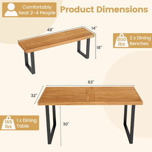 63â€ table and 2 long bench can comfortably accommodate 4 people<br>Acacia wood frame is solid and not easy to deform<br>Versatile bench can also serve as a shoe bench or plant stand<br>2" thickened wood board ensures the bench to hold up to 800 lbs<br>U