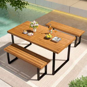 63â€ table and 2 long bench can comfortably accommodate 4 people<br>Acacia wood frame is solid and not easy to deform<br>Versatile bench can also serve as a shoe bench or plant stand<br>2" thickened wood board ensures the bench to hold up to 800 lbs<br>U
