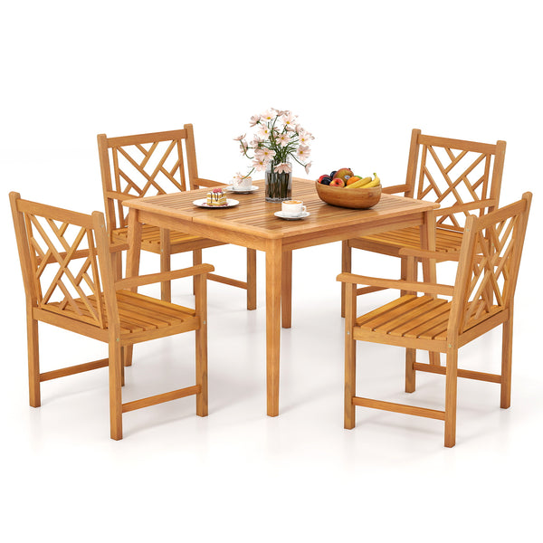 Built to comfortably accommodate 4 people  ideal for cozy get-togethers Crafted from solid acacia wood with a smooth  splinter-free finish for reliable support Ergonomically angled backrest and roomy seat provide lasting comfort Gently curved armrests pro