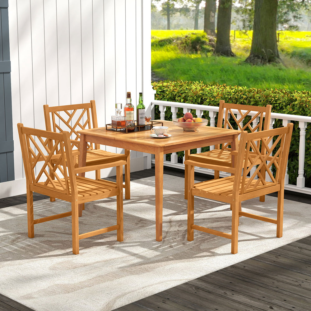 Built to comfortably accommodate 4 people  ideal for cozy get-togethers Crafted from solid acacia wood with a smooth  splinter-free finish for reliable support Ergonomically angled backrest and roomy seat provide lasting comfort Gently curved armrests pro