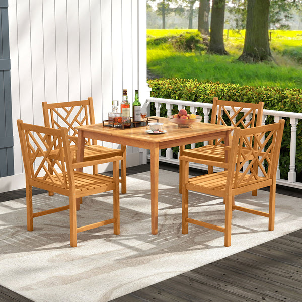 Built to comfortably accommodate 4 people  ideal for cozy get-togethers Crafted from solid acacia wood with a smooth  splinter-free finish for reliable support Ergonomically angled backrest and roomy seat provide lasting comfort Gently curved armrests pro