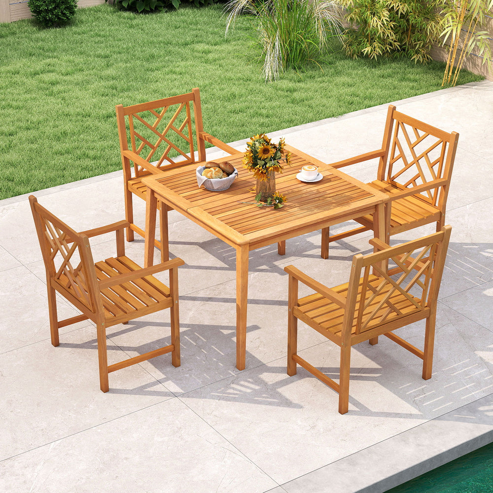 Built to comfortably accommodate 4 people  ideal for cozy get-togethers Crafted from solid acacia wood with a smooth  splinter-free finish for reliable support Ergonomically angled backrest and roomy seat provide lasting comfort Gently curved armrests pro