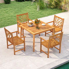 Built to comfortably accommodate 4 people  ideal for cozy get-togethers Crafted from solid acacia wood with a smooth  splinter-free finish for reliable support Ergonomically angled backrest and roomy seat provide lasting comfort Gently curved armrests pro