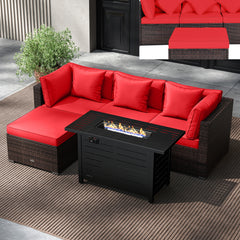 Â 5-piece set for versatile seating arrangements <br>Â Premium PE rattan construction for durability <br>Â Heavy-duty metal frame for stability <br>Â 60 000 BTU 2-in-1 firepit table can be used as a table <br>Â High-density sponge padded cushions for luxu