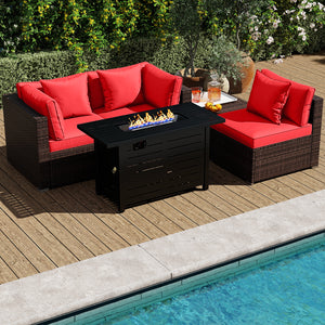 Â 5-piece set for versatile seating arrangements <br>Â Premium PE rattan construction for durability <br>Â Heavy-duty metal frame for stability <br>Â 60 000 BTU 2-in-1 firepit table can be used as a table <br>Â High-density sponge padded cushions for luxu